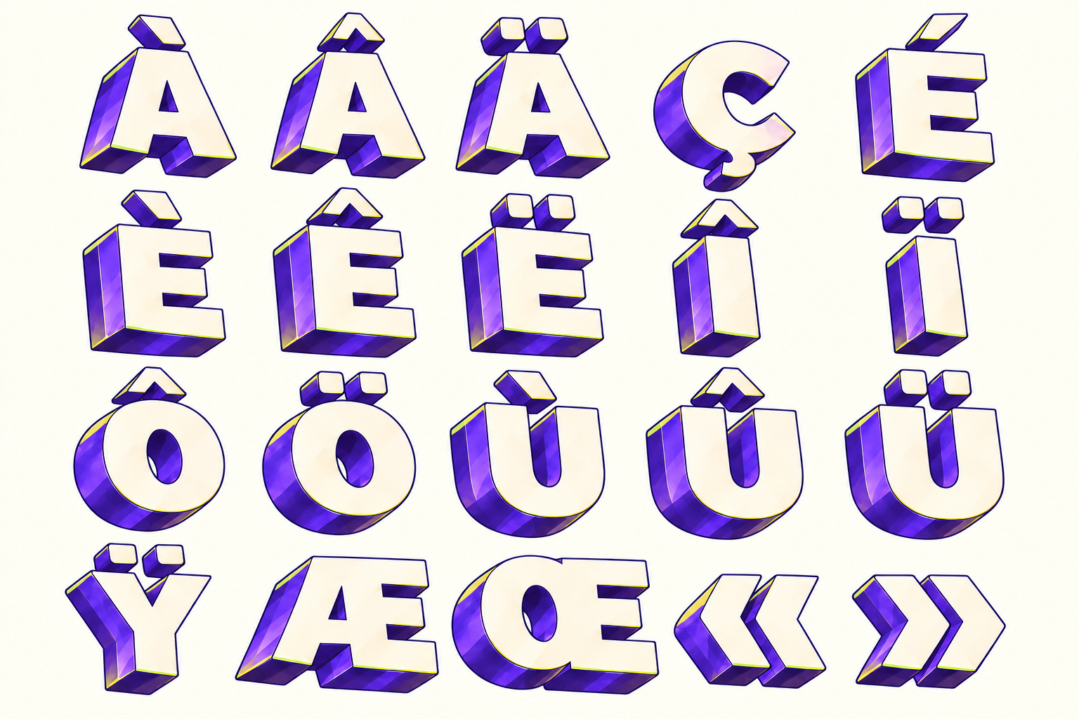 Capitales accentuées À Â Ä Ç É È Ê Ë Î Ï Ô Ö Ù Û Ü Ÿ, ligatures Æ Œ et guillemets français