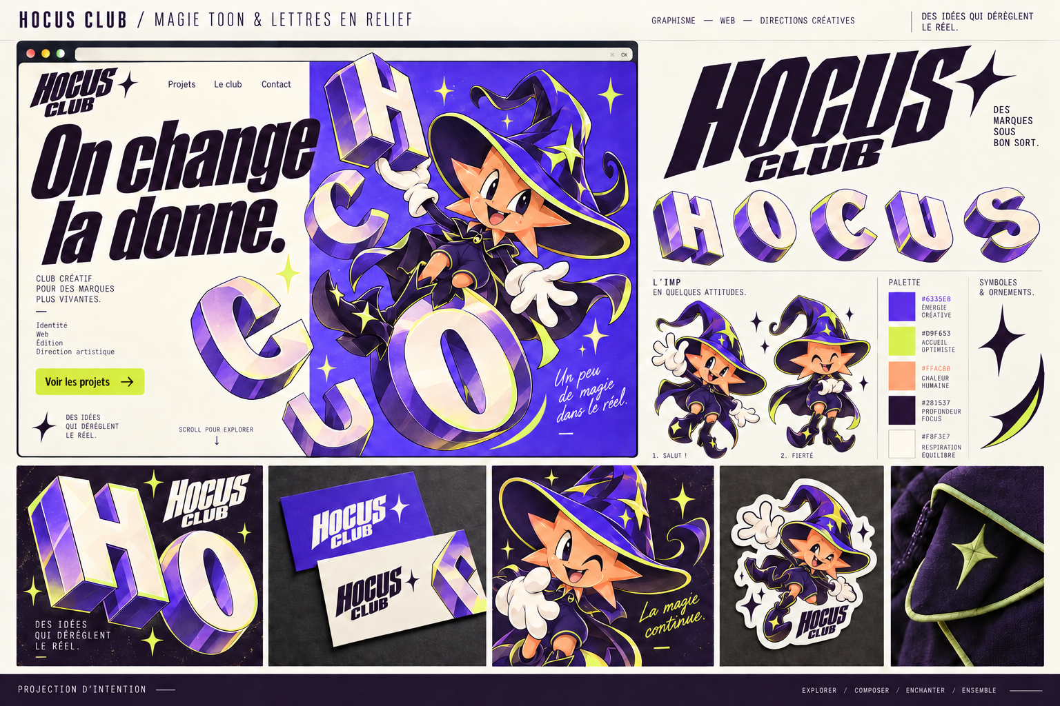 Hocus Toon abricot, en costume violet et citron, jouant avec les lettres sculptées de Hocus Club