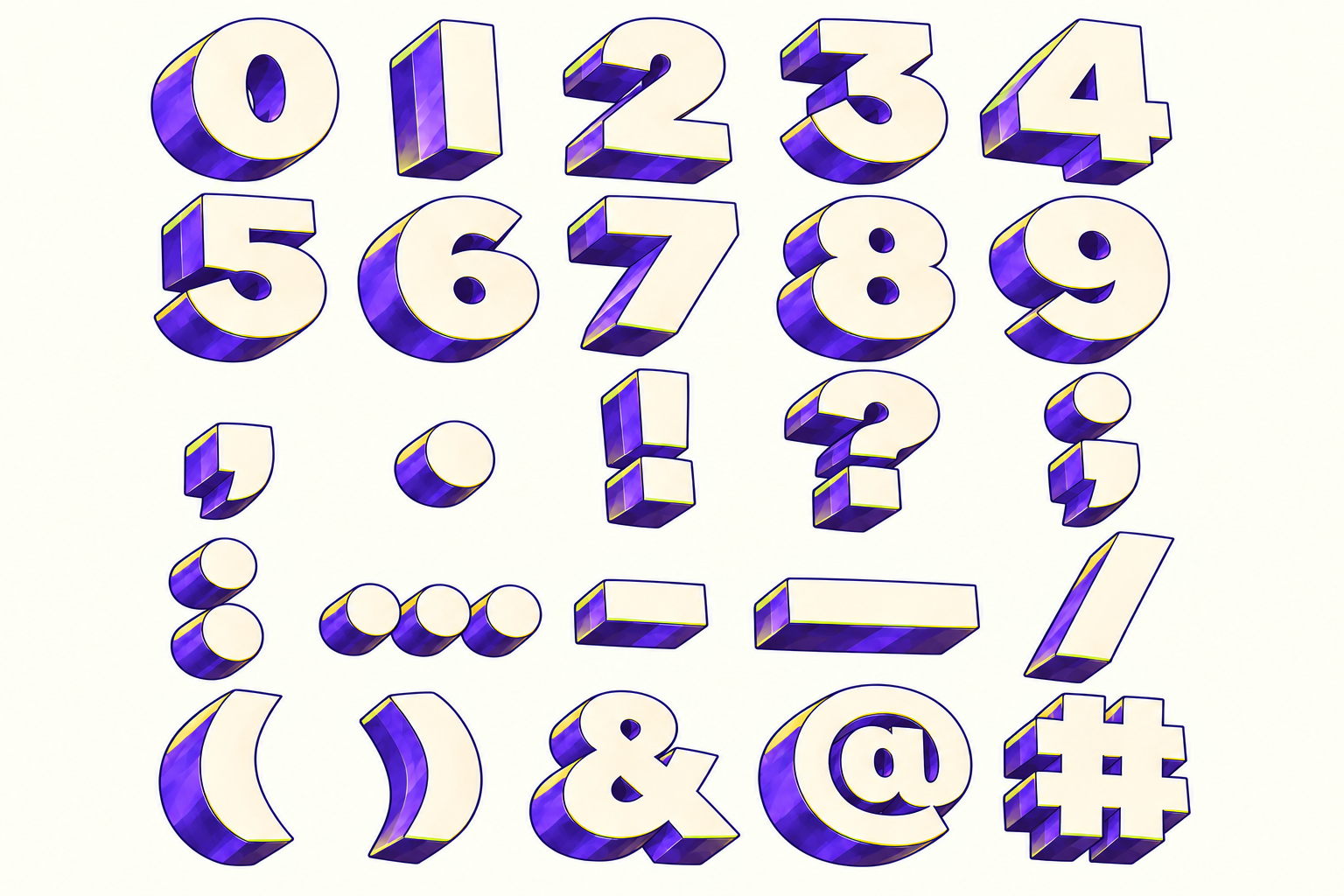 Chiffres 0 à 9, virgule, point, exclamation, interrogation, point-virgule, deux-points, points de suspension, tirets, barre oblique, parenthèses, esperluette, arobase et dièse